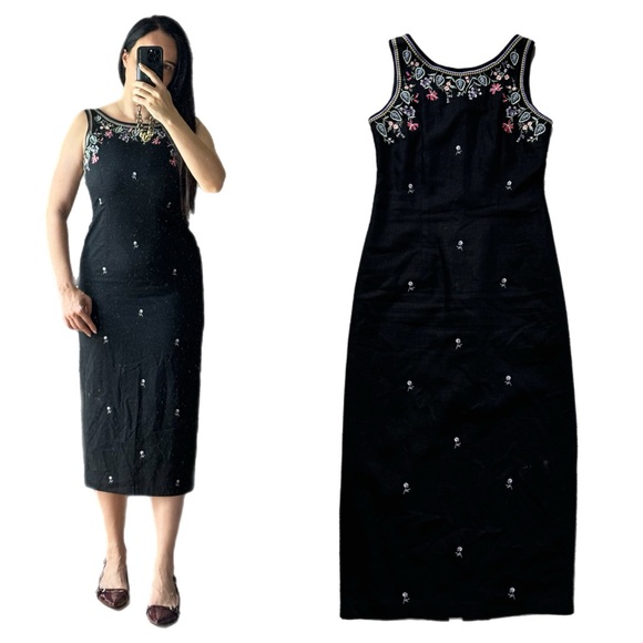 VTG 90s Black Linen Pink Floral Embroidered Midi‎ Dress 6